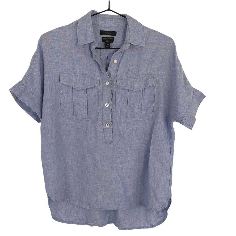 J.Crew Women Linen Coastal Preppy Popover Shirt Short Sleeve Blue Chambray 00P